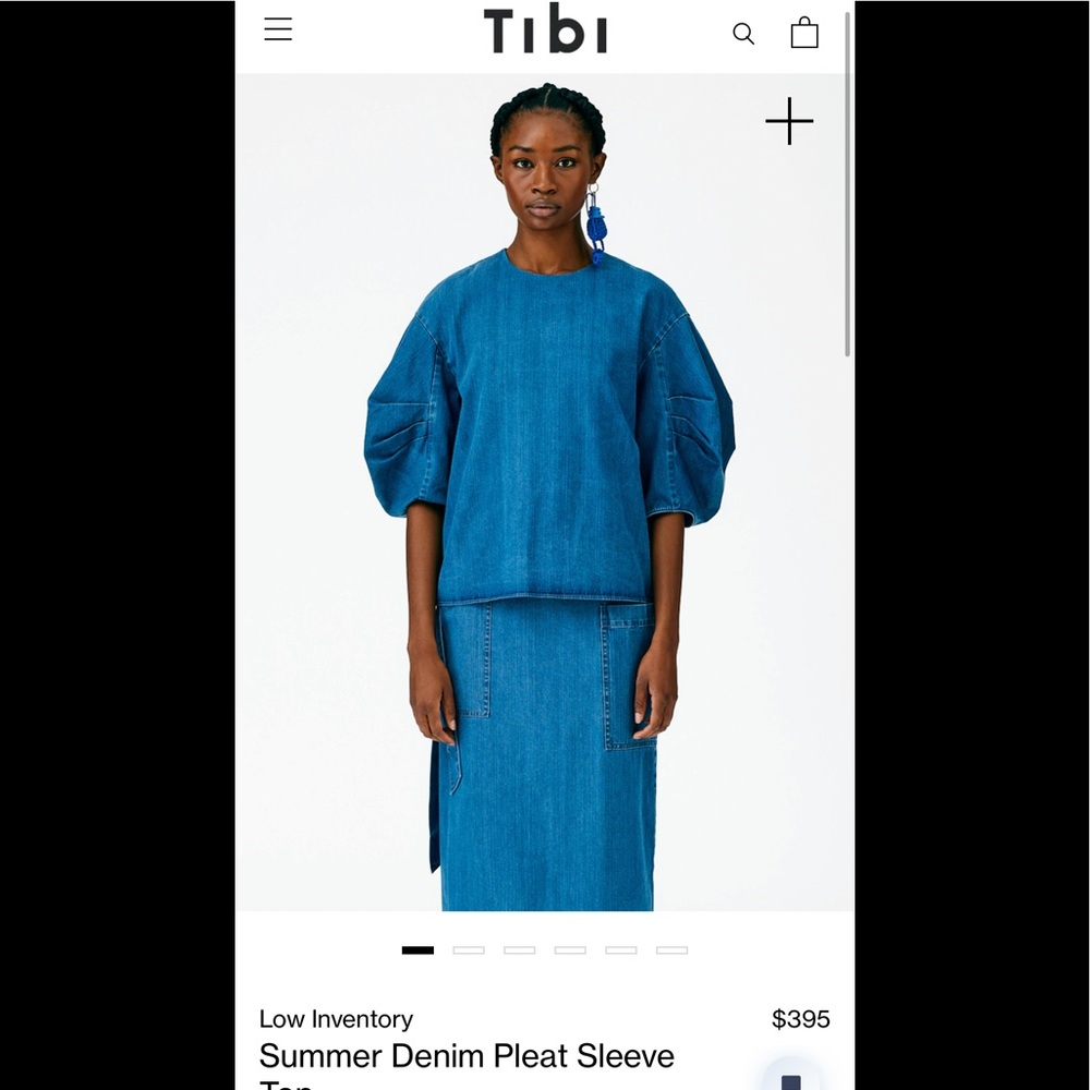 2022 summer Tibi Summer Denim Pleat Sleeve Top